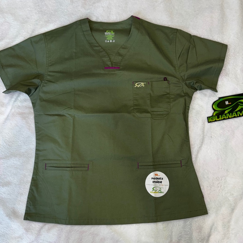 IguanaMed Women Olive Green V-Neck Scrub Top Short Sleeve Stretch Size Medium
